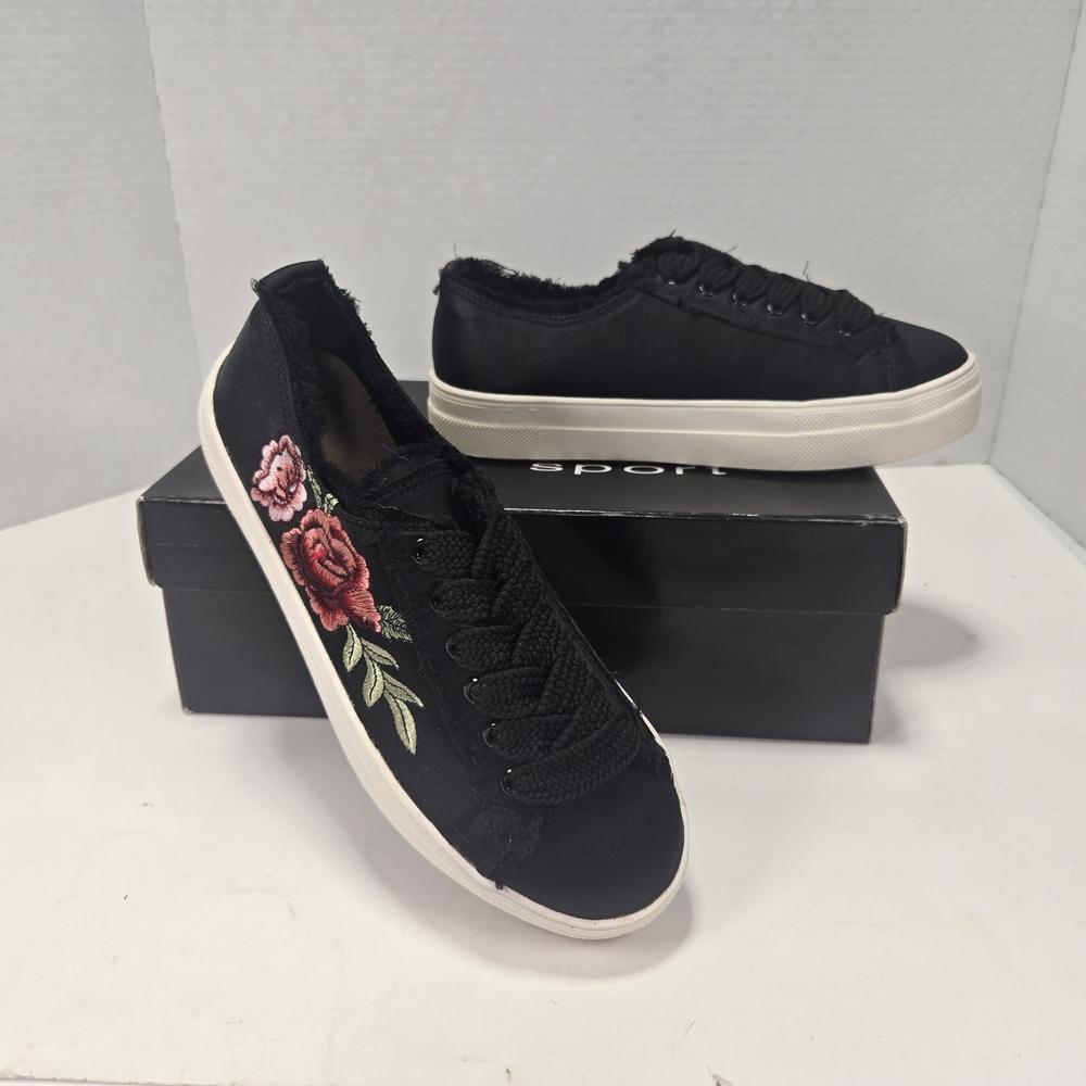 bebe Sport Valle Black Sneakers with Red Floral Embroidery Women's Size 6 - Picture 1 of 15